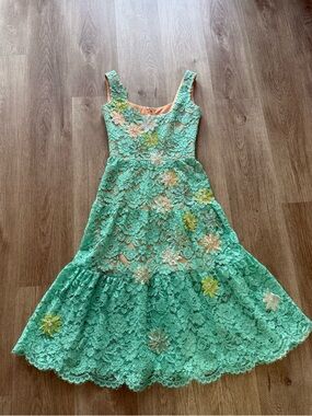 helsi turquoise 3d floral qpplique sequin bead lace embellished midi dress XXS